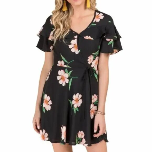 Altar'd State Mini Dress Black Floral NWT Large Faux Wrap Boho Ruffle - Picture 1 of 11